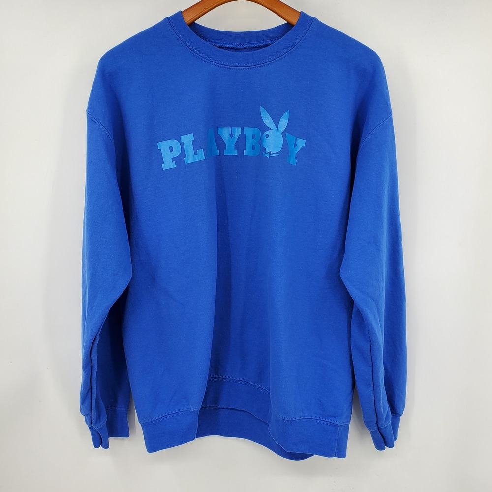 Playboy Bunny Graphic Blue Crewneck Sweatshirt Logo Mens L 2023 Streetwear Y2K